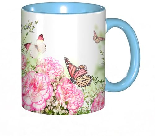 Kaffeebecher Mug,Blumenstrauß aus rosa Rosen und Schmetterlingsblumenhintergrund,kaffeebecher porzellan, tasse Füllmenge 330 ml - sehr interessante bedruckte Teetassen