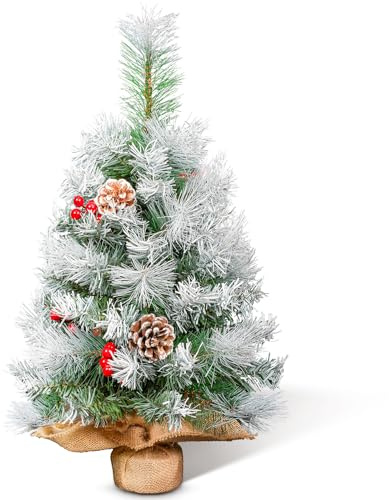 60 cm/2ft Mini Árbol de Navidad de Mesa Artificial 80 Puntas, Árbol de Navidad Pequeño con Decoración de Copos de Nieve, Piñas, Frutos Rojos, Lino, Algodón y Base de Cemento para Navideñas