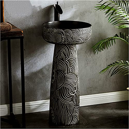 Art Badezimmer-Waschbecken mit vollem Sockel, abgerundetes Waschbecken, Standwaschbecken aus Keramikmaterial, freistehendes Badezimmerwaschbecken mit Abflusshahn (R 40 x 40 x 85 cm)