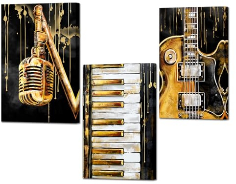 Artmyharbor Leinwandbild, Motiv: Gitarre, Klavier, Mikrofon, Gemälde für Zuhause, Studio, Schlafzimmer, 40,6 x 61 x 3 Stück, Schwarz und Gold
