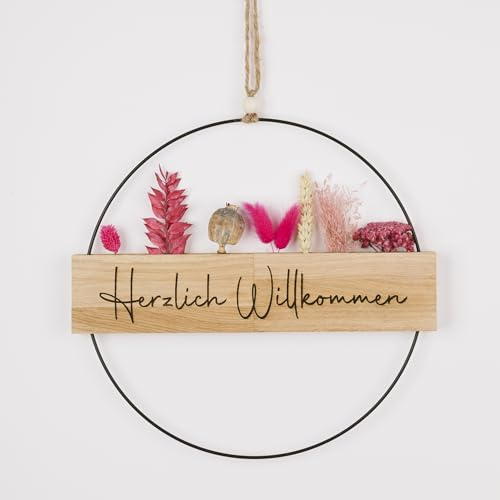 Türkranz Haustür mit Trockenblumen I Dekokranz ganzjährig I Willkommenskranz mit Herzlich Willkommen graviert I Türdekoration außen & innen I personalisierbar (Trockenblumen Pink, Metallring 30cm)