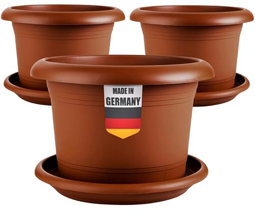 2friends Lot de 3 pots de fleurs élégants de 40 cm de diamètre - Grand pot de fleurs en terre cuite, avec soucoupe, robustes et résistants au gel, en plastique, pour jardin, balcon, terrasse