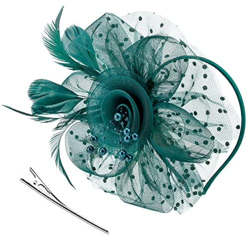 Fascinator-Hut für Damen, Teeparty, Netzstoff, Blumenfedern, Kentucky-Derby-Hüte mit Stirnband und Clip, für Mädchen und Frauen, 1 Stück, 17,8 cm Durchmesser, Pfauenblau, Einheitsgröße