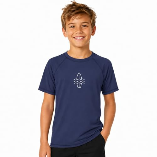 Glimnerize Pojkar Rashguard badskjorta kortärmad UV-skjorta badskjorta rund krage badmode torkning 104-164, Surfbräda marinblå, 152