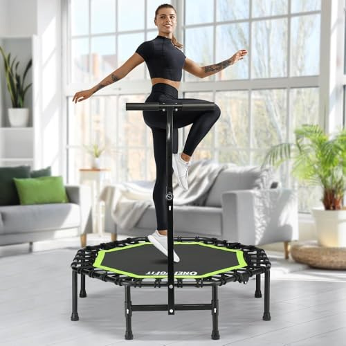 ONETWOFIT Trampolino pieghevole per adulti, 101/107/114cm mini trampolino fitness W/manico regolabile in schiuma Bungees, esercizio silenzioso trampolino per interni personali (verde-107cm)
