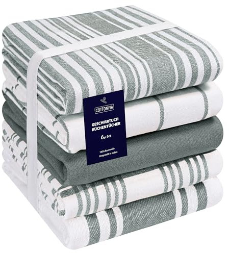 COTTONIVA Set von 5 Küchentücher - 100% Baumwolle Geschirrtuch - für Restaurant, Bar, Glas - Saugfähige Maschinenwaschbar Küchentücher mit Aufhängeöse - 40x70 cm Grau