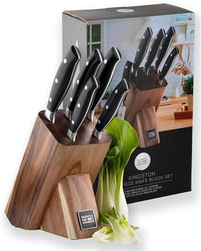Taylors Eye Witness 6 PCE Kitchen Knife Block Set - 5 Useful Knives, Acacia Wood Block. Stainless Steel Precision, Full Tang & Durable. Including Paring, Veg, Chef, Bread & Carving Knives