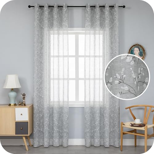 GIRASOLE HOME® Coppia Tende Antigua Semi Filtranti Effetto Lino Fantasia Magnolia Tenda per Interni 2 Pannelli con Occhielli (Grigio, 140x260cm)
