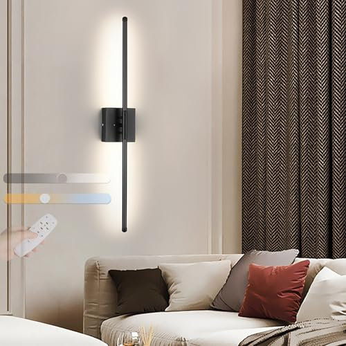 GZZBMY Wandlampe mit Fernbedienung LED Dimmbar 10%-100% Wandleuchte Innen Schwarz Modern Flurlampe 24W Bett Dimmbare Wandbeleuchtung Up Down Schrankleucht für Wohnzimmer Schlafzimmer (60CM)