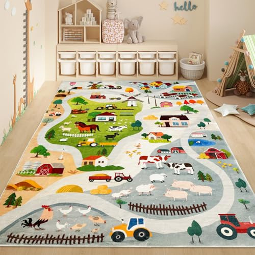 Lacomfy Kids Rug Farm Carpet 4x6Ft Farmhouse Animal Mat for Boys Girls Nursery Room Bedroom Living Room, Soft Car Road, Track Playmat for Playroom Classroom, Educational Washable, Children's Rug