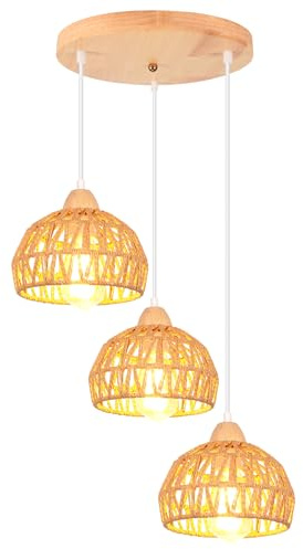 iDEGU Vintage Pendelleuchte 3-flammig Kronleuchter aus Holz Rattan Lampenschirm 20cm E27 Hängeleuchte Dekoration Retro Hängelampe für Esszimmer, Schlafzimmer, Wohnzimmer, Küche (Braun, Rondell)