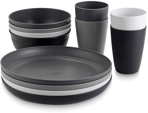 Anbte 12 piezas Vajilla de Camping, Platos y Cuencos de Plástico para Camping, Irrompibles para 4, Reutilizables, Aptos para Microondas y Lavavajillas, para Cocina al Aire Libre, Camping y Picnic