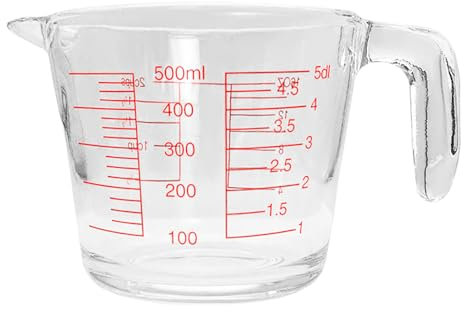Jarra Medidora de Vidrio 500ML con Asa y Boquilla, Resistente al Calor, Vaso Medidor con Escalas en ML OZ CUP para Cocina, Horno Microondas y Lavavajillas