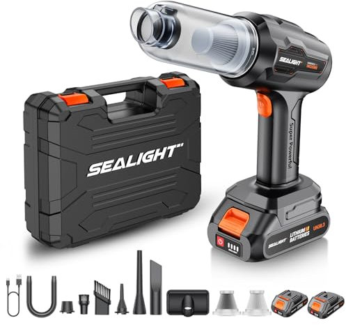 SEALIGHT Aspirabriciole Senza Fili Potente, 21000Pa 7 in 1 Aspirapolvere Auto Portatile con 2 Batterie Rimovibili, Motore Brushless, Mini Aspirapolvere Potente della spazzola (Nero)