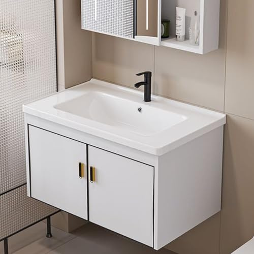 HYANXUE Tocadores de baño, mueble de tocador montado en la pared, lavabo, armario de espejo y lavabo combinado con lavabo de cerámica y grifo (blanco, 60 x 47 cm)