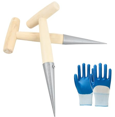 2 Stück Blumenzwiebel-Pflanzholz Werkzeuge, Zwiebelpflanzer mit Kalibrierung, Samenpflanz-Set Pikierstab & Gabel, Aussaat-Samenspender für Gartenbepflanzung, Edelstahl-Pflanzholz mit Holzgriff, Garten