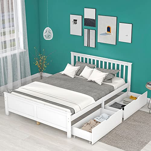 RIAZOS Kinderbett Doppelbett 140x200 cm, Holzbett mit 2 Schubladen, Massivholz Bettgestell mit Lattenrost, Jugendbett, Weiß, Ohne Matratze