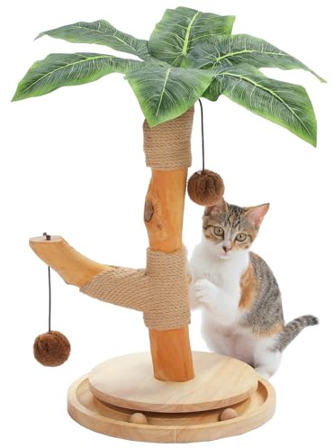 PAWZ Road Cat Scratching Post for Indoor Cats, Palm Tree Cat Scratcher with Natural Wood Scratching Post, Cute Cat Scratch Post with Interactive Track Ball Toy and 2 Hanging Balls, Terracotta, 44cm