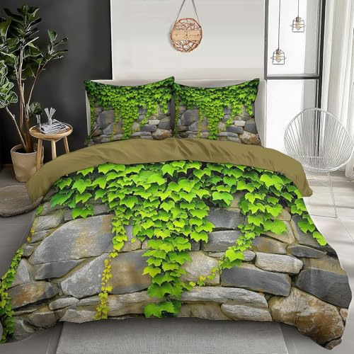 Housse De Couette 200X200Cm Mur De Pierres De Lierre 3D Imprimé Parure De Lit Enfant Garcon Fille Vert Texture Rétro Housse De Couette En Microfibre Avec Fermeture Éclair Avec Taies D'Oreiller