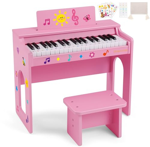 Kids Piano Keyboard, 37 Keys Wood Digital Piano for Kids with Bench,Song Book, DIY Stickers, Cover, Education Creative Musical Instruments Toy for Boys & Grils Gifts