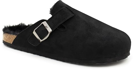 Womens Winter Slippers Faux Fur Lined Suede Clogs Slip On Adjustable Buckle Cork Footbed Backless Mules Ladies Casual Slippers (Black, 5, UK Footwear Size System, Adult, Women, Numeric, Medium, 5)