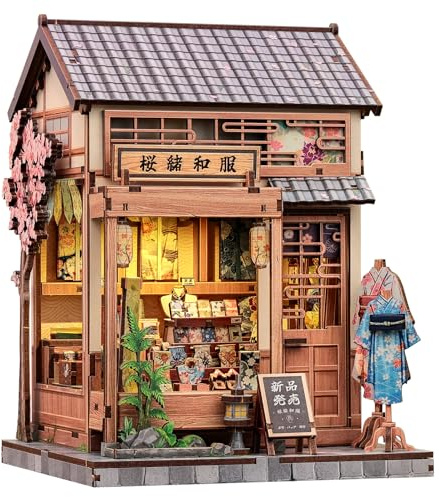 CUTEBEE Book Nook Kit - Maison de Poupée DIY à Construire pour Adultes, Puzzle 3D en Bois avec LED, Scène Japanese Sakura Kimono, Décoration pour Bibliothèque,Cadeaux Faits Main