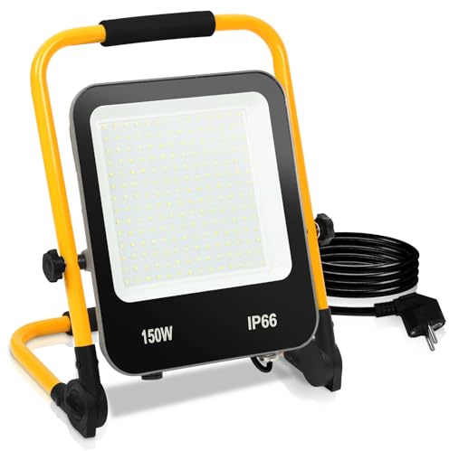 ISOISL LED Baustrahler, 150W 12000LM LED Strahler, 220V LED Arbeitsleuchte mit Stecker, IP66 Wasserdicht Baustrahler mit 3M Kabel, Tragbar für Werkstatt oder Baustelle,Garage, 6000K