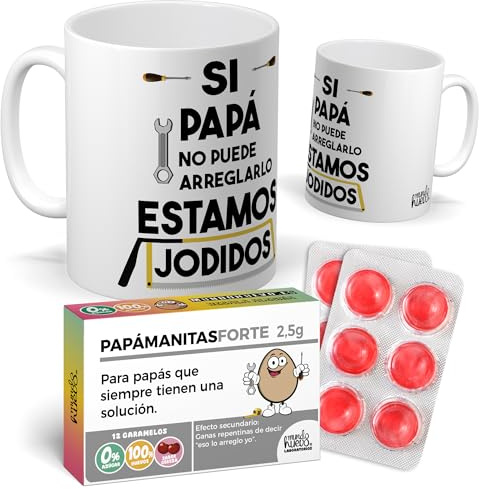 Regalo divertido dia del Padre | Taza personalizada SI PAPA NO PUEDE ARREGLARLO... y caramelos de broma PAPAMANITASFORTE en blister | 12 caramelos sin azúcar sabor cereza + taza original 350 ml.