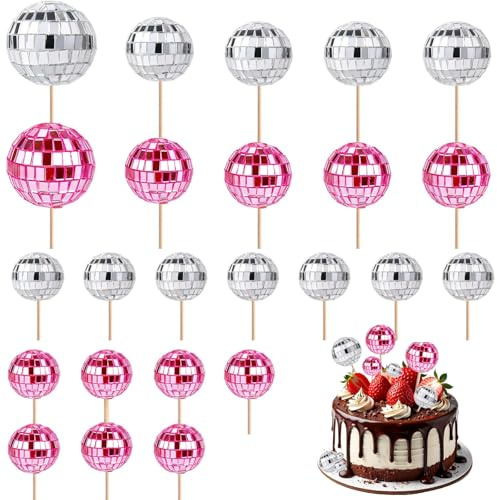 24pcs Disco Ball Cake Decorations, 70s Retro Mini Disco Ball Cake Toppers Sticks Stylish Disco Balls Cupcake Toppers Cake Disco Balls Picks for Disco Theme Birthday Party Supplies (Silver+Pink)
