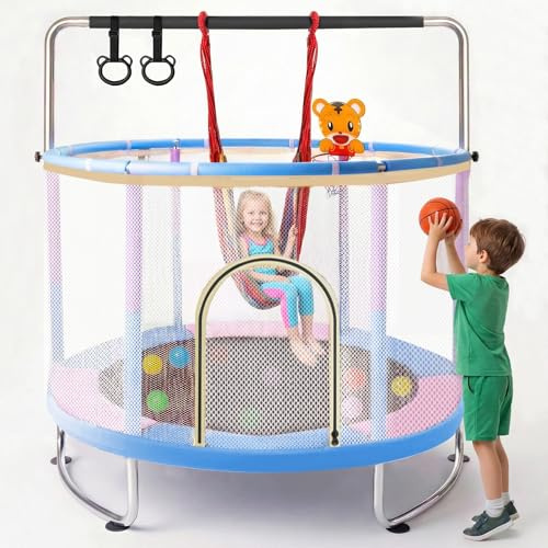 Hyner Cama elástica infantil multifuncional y ajustable con aro de baloncesto, columpio y anillos de dominadas, adecuado para interiores y exteriores, cumpleaños