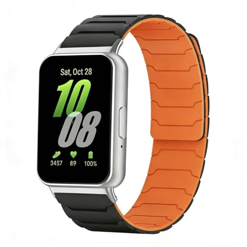 Koelaa Magnetiskt sportklockarmband i silikon, kompatibel med Samsung Galaxy Fit 3 – mjukt andningsbart justerbart ersättningsband, fitnessarmband för män kvinnor – svart + orange
