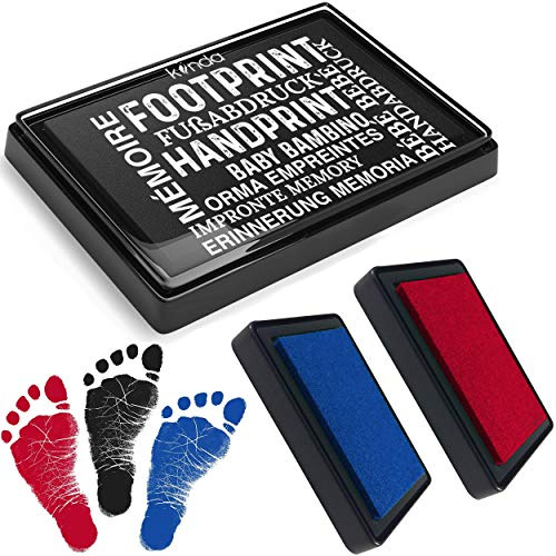 kiinda Baby Fuß- oder Handabdruck Set in 3 Farben - sichere wiederverwendbare Baby Stempelkissen, leicht von der Haut abwaschbar, kreativ (SET rot/blau/schwarz)