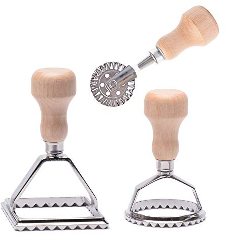 MASTER FENG 3PCS Ravioli Stamp Maker Cutter, Ravioli Cutters Mold with Wooden Handle and Fluted Edge Pasta Maker Kitchen Attachment with Pastry Cutter Wheel for Ravioli Pastry Pasta Dumplings Cookies