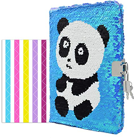 VIPbuy Reversible Sequin Panda Notebook Diary with Lock and Key Lined Travel Journal w/Photo Corner for Kids Girls Gift, Size A5 (215 x140mm), 156 Pages, Blue to Purple