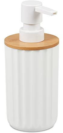 Relaxdays Dispensador Jabón Líquido, Dosificador Redondo y Moderno, Bambú y Plástico, 1 ud., 17 x 7,5 cm, Blanco-Marrón