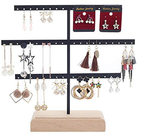 Koomuao Présentoir, Support Boucles d'oreilles Etagère 3 Couches, Arbre à Bijoux en Métal et Bois Porte Bijoux pour Colliers Bracelets (52 trous) (Noir)