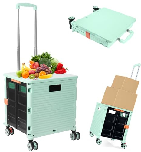 Foldable Utility Cart Folding Portable Rolling Crate Handcart Shopping Trolley Wheel Box with Lid Wear-Resistant Noiseless 360°Rotate Wheel for Travel Shopping Moving Storage Office Use (Green)