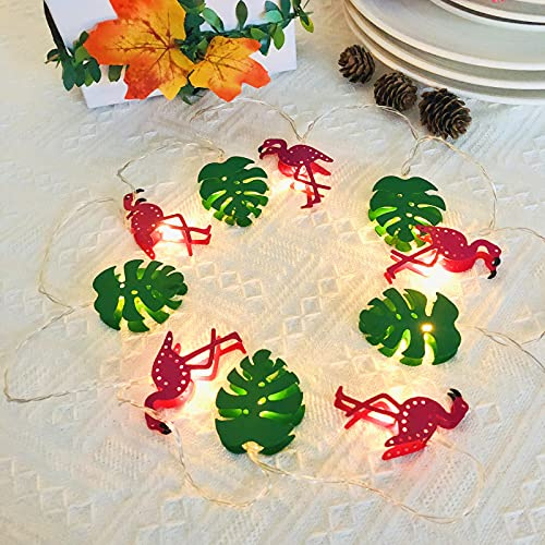 Riaxuebiy Monstera Leaf String Lights Green Palm Leaves Flamingo 1.65m10 LED USB/Battery Powered Fairy Lights for St. Patrick's Party Outdoor Indoor Decorations (Flamingo+Leaf, Battery Powered)