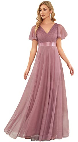Ever-Pretty Women's V Neck Floor Length A Line Empire Wasit Short Sleeve Tulle Long Bridesmaid Dresses Orchid 14UK