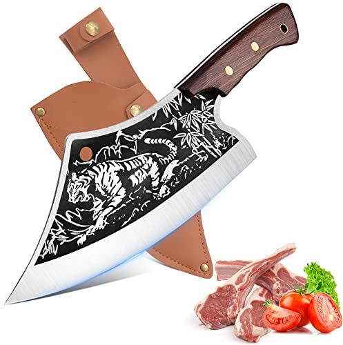 iPatio Japanisches Messer Küchenmesser Profi Messer, Original Japanisches Kochmesser im Damaststahl, Hackmesser Ausbeinmesser mit Lederscheide, Küchenmesser Outdoor Messer für Küchen Camping BBQ