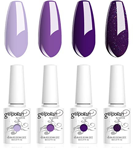 Vishine Geles de Esmalte Semipermanente, Lote de 4 Colores Violeta Lavanda Purpurina, Colección de Nail Art Esmalte de Uñas en Gel para UV LED, Barniz de Manicura 8 ml C017