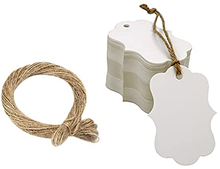 JIHUOO 200 Stück Papier Geschenkanhänger Kraftpapier Anhänger Etiketten Kraftpapier Tags Anhängeschilder mit Juteschnur für Weihnachts Hochzeits Geschenke Weiß