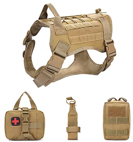 ALLSOPETS Hundegeschirr mit MOLLE System Geschirr für Mittel- und Große Hunde mit Wasserflaschentasche Erste-Hilfe-Tasche und Mehrzwecktasche (Khaki, M)