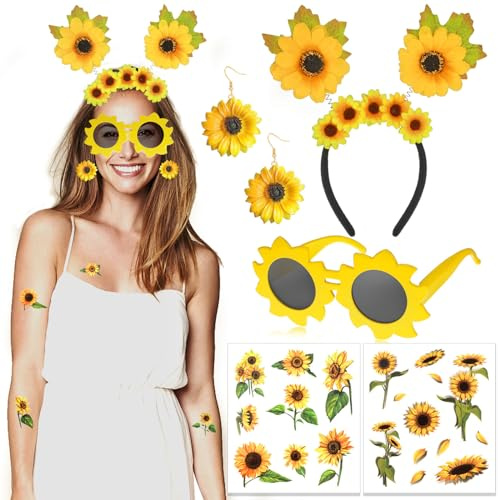 HOWAF Sonnenblumen Kostüm, Sonnenblume Haarschmuck Stirnband Sonnenblumen Haarreif Sonnenblume Sonnenbrille, Ohrringe, Tattoos für Halloween Karneval Fasching Kostüm Damen Costume