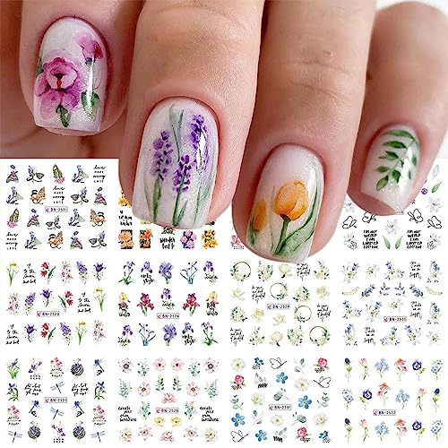 Kireida® 12 Hojas de Pegatinas de Flores para Uñas - Tulipán, Orquídeas, Diseños de Texto para Decoración y Accesorios (Color Blanco)