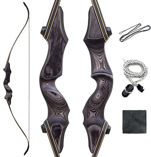 OUBOTER Black Hunter 60 Zoll Recurve Bogen Linke Hand Sportbogen Set Erwachsene 20-60lbs Takedown Recurvebogen Set Holz Riser Bogen Für Jagdbogen (60LBS)