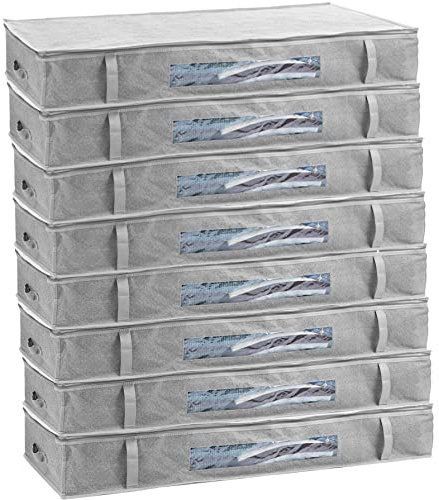 Unterbettkommode 8er Set, Unterbett Aufbewahrungsbox für Bettkasten Aufbewahrung, Unterbettkommoden je ca. 100 l Volumen, Aufbewahrungstasche für Decken, Kissen und Kleider mit Sichtfenster, grau