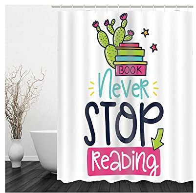 Whoiy Duschvorhang 90X180 Vintage, Shower Curtains for Bathtub Polyester Duschvorhänge Nie Aufhören Zu Lesen mit Büchern Grün Rosa Waschbar Wasserdicht