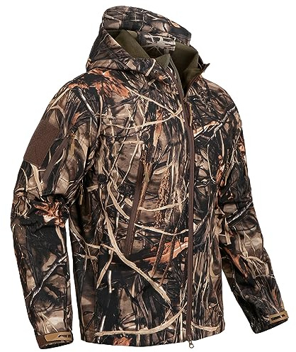 CARWORNIC Herren Camo Leise Jagdjacke Wasserdicht Softshell Fleece Gefüttert Camouflage Outdoor Wandern Angeln Mantel, Schilf Camo, L