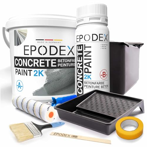 EPODEX 2K Betonfarbe, Bodenfarbe mit Zubehör für Garagenbodenbeschichtung, Epoxidharz Bodenbeschichtung, hochdeckend, wasserfest, Keller, Garage, Werkstatt, 1.8kg - 7m² für 2 Anstriche